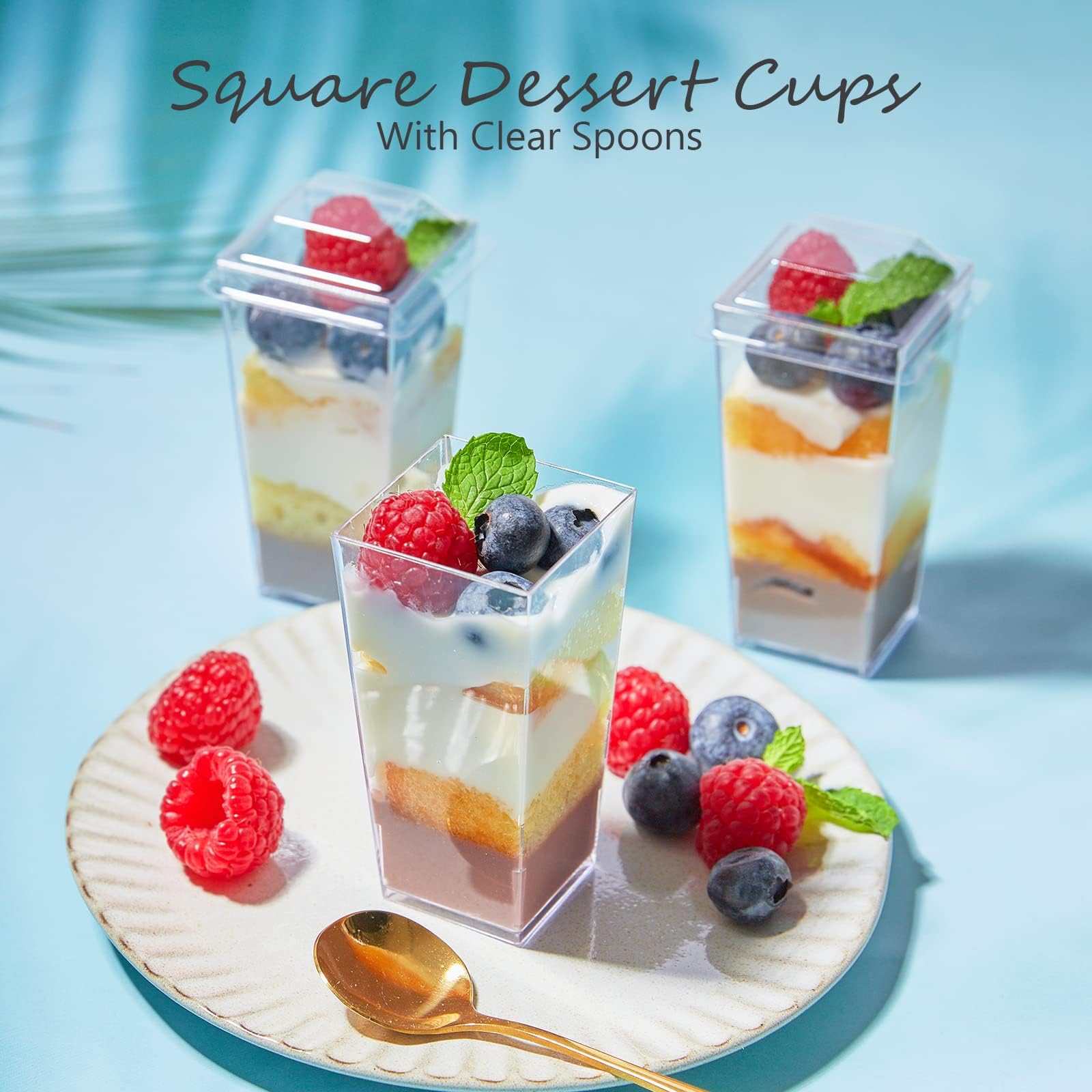 LemonRoad Kit Completo Per Dessert: 300 Bicchierini In Plastica Trasparente (8 Stili, 2-7 Once) Con 100 Cucchiai, 100 Stuzzicadenti E 500 Adesivi