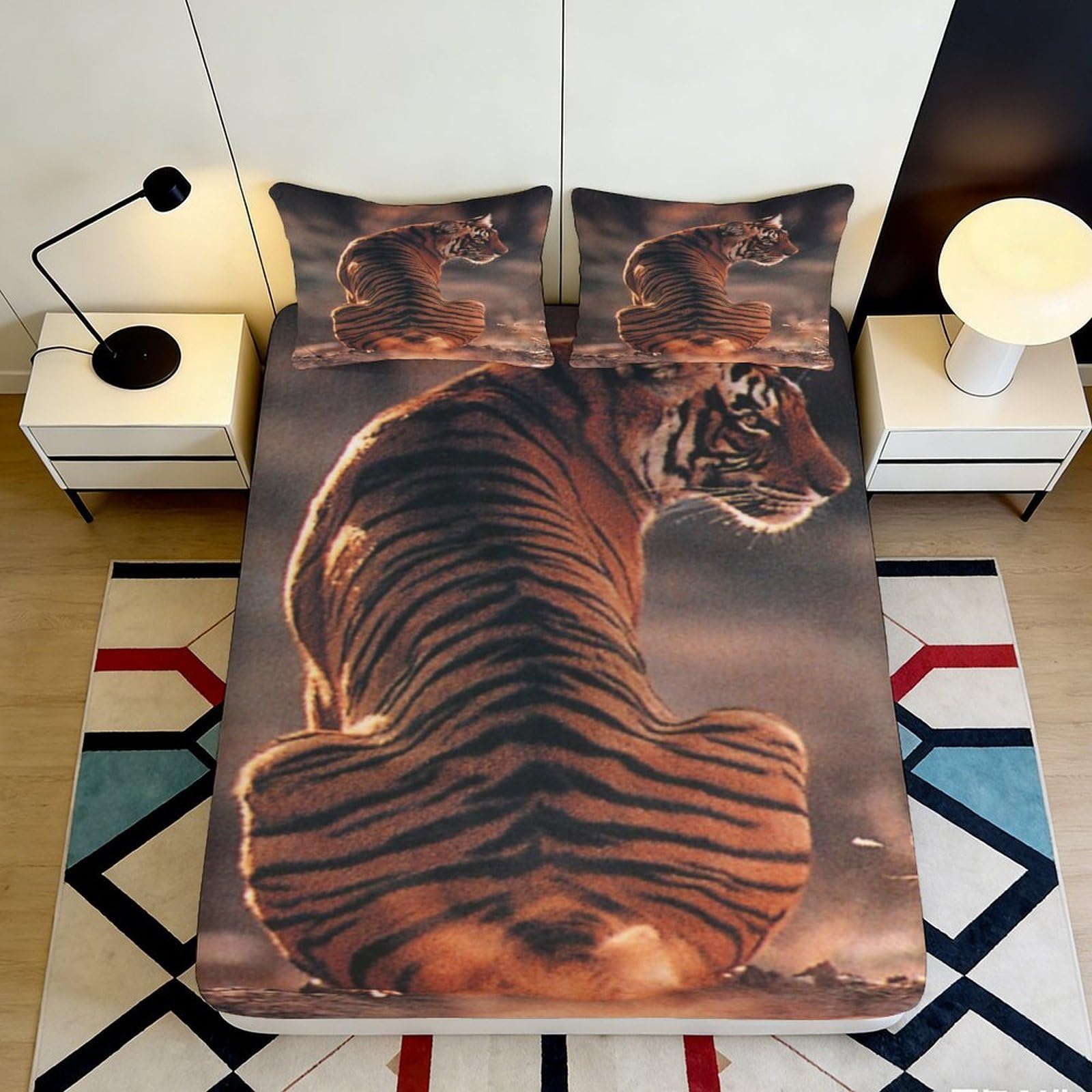3D Printed Tiger Pattern Fitted Sheet Microfiber Soft Durable 3D Printed Wild Tiger Bed Cover for Bedroom Dormitory Guest Room Mattress Protection 140x200x25cm