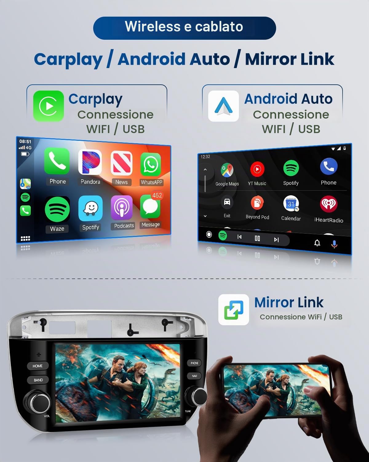 4 Core 64G Android Autoradio per FIAT Linea Punto Evo Linie 2012-2015 Wireless Carplay Android Auto 7 Pollici Autoradio con GPS Navi WiFi Mirror Link Bluetooth FM/RDS/EQ/USB/SWC Telecamera Posteriore