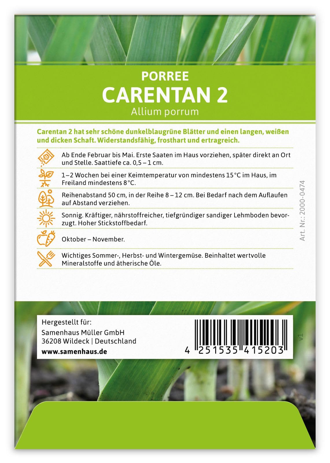 FLORTUS 2000-0474-100x Lauch-Porree Carentan 2 (100 Stück) (Lauchsamen)