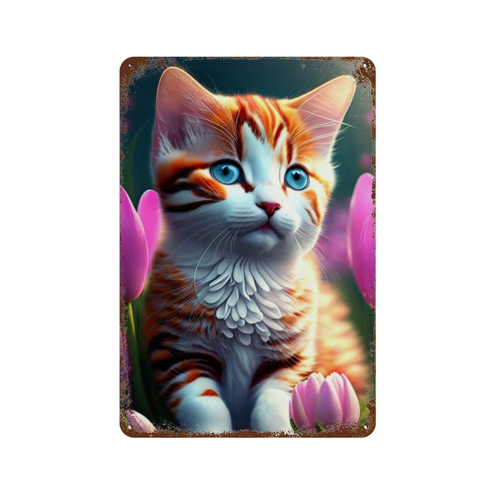 Floral Fantasy Kitten -1 Rust Effect Tin Sign 11.8"x7.9", Vintage Wall Decor for Pub, Kitchen And Man Cave Decor