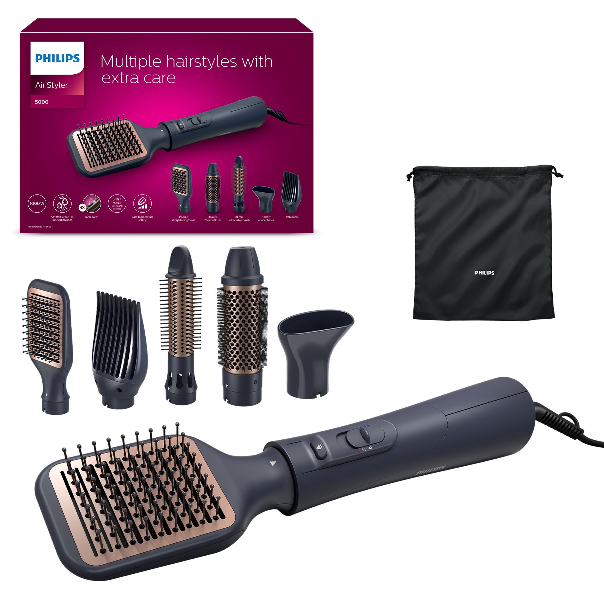 Philips AirStyler Serie 5000 – Haarstyler mit 5 Styling-Aufsätzen (Modell BHA530/00)