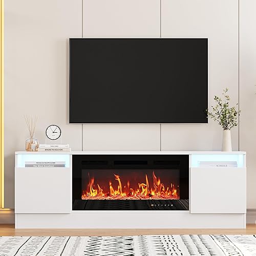 Miniatura 2 de Soporte de TV moderno para TV de hasta 75 pulgadas, armarios de mesa de consola de televisión blancos de 70 pulgadas con almacenamiento y luces LED,