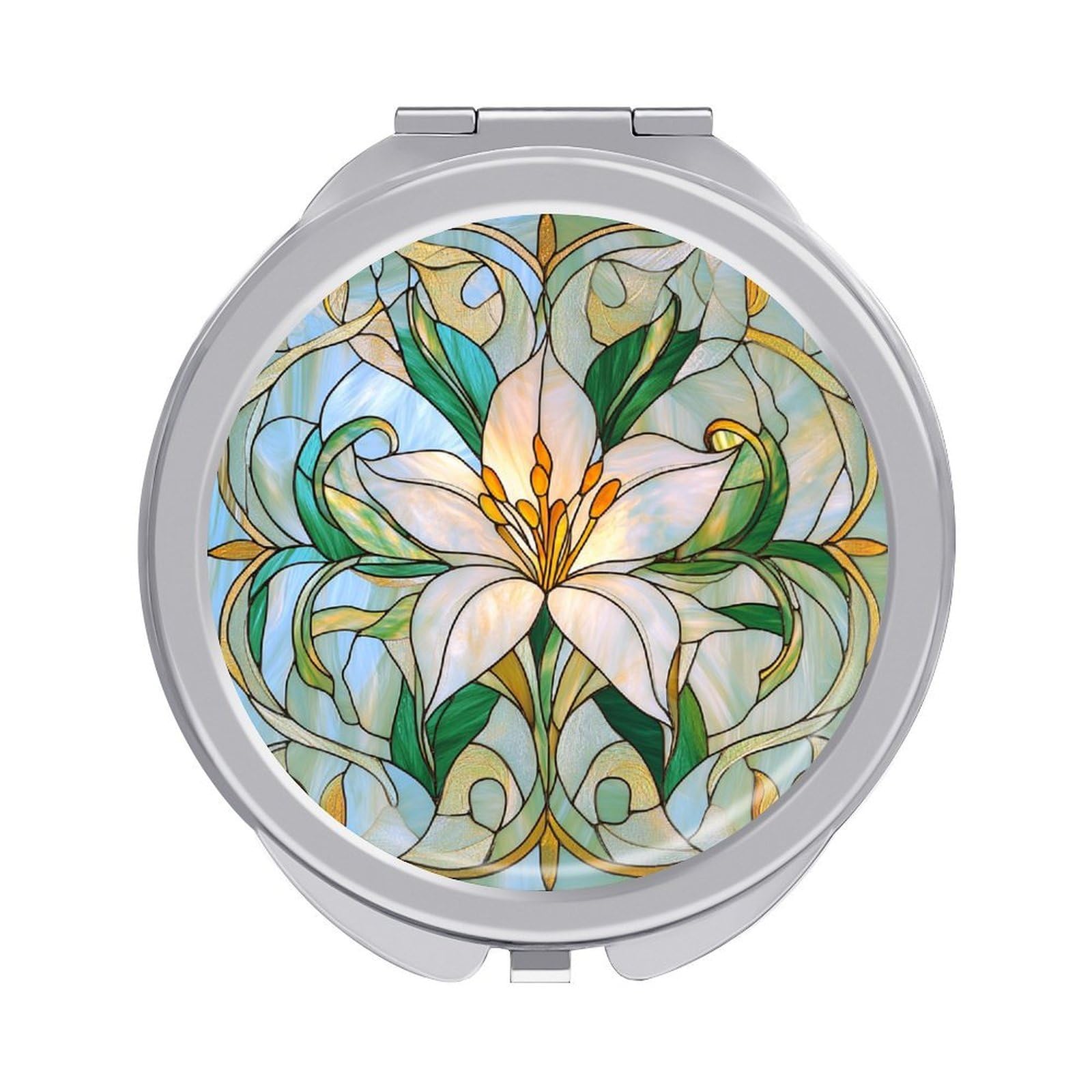 Jubonexis Stained Glass Lily Pattern Green Light Blue Women Pocket Mirrors, Girls Small Portable Travel Makeup Mini Mirror