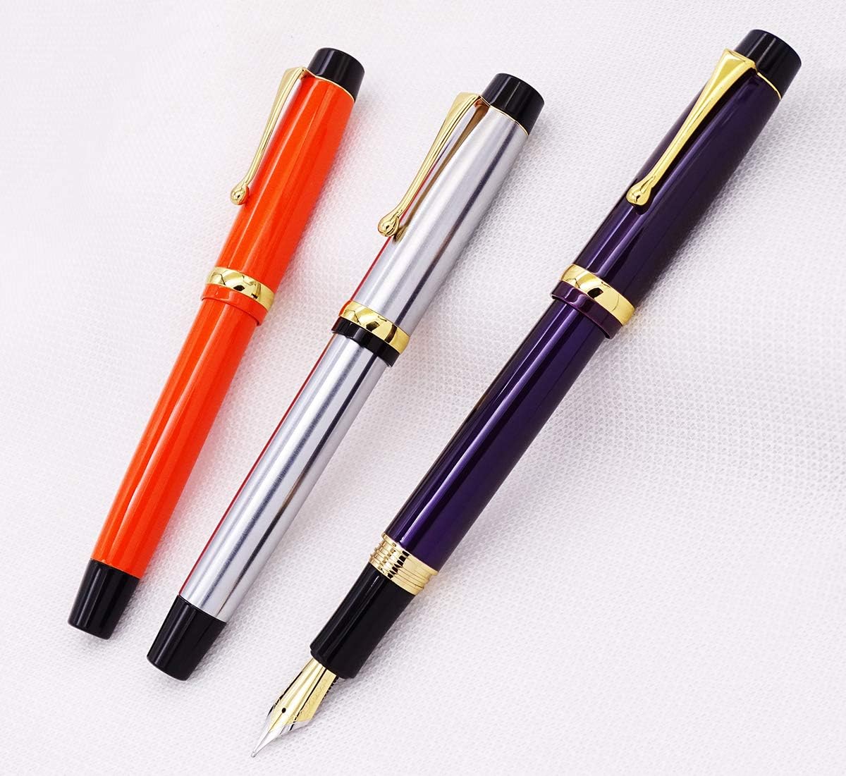 3 PCS Jinhao Metal Fountain Pen with Ink Refills Converter, Golden Clip Fashion Writing Office Pen Set (Silver, Orange, Purple)