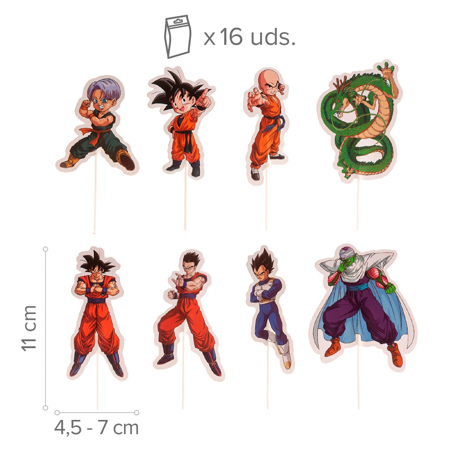 Cake Toppers Dragon Ball 16 Unidades – Decoración cupcakes y tartas, papel apto para contacto alimentario, 8 diseños con Goku, Vegeta, Piccolo, Krilin, Trunks y Shenron — view 2