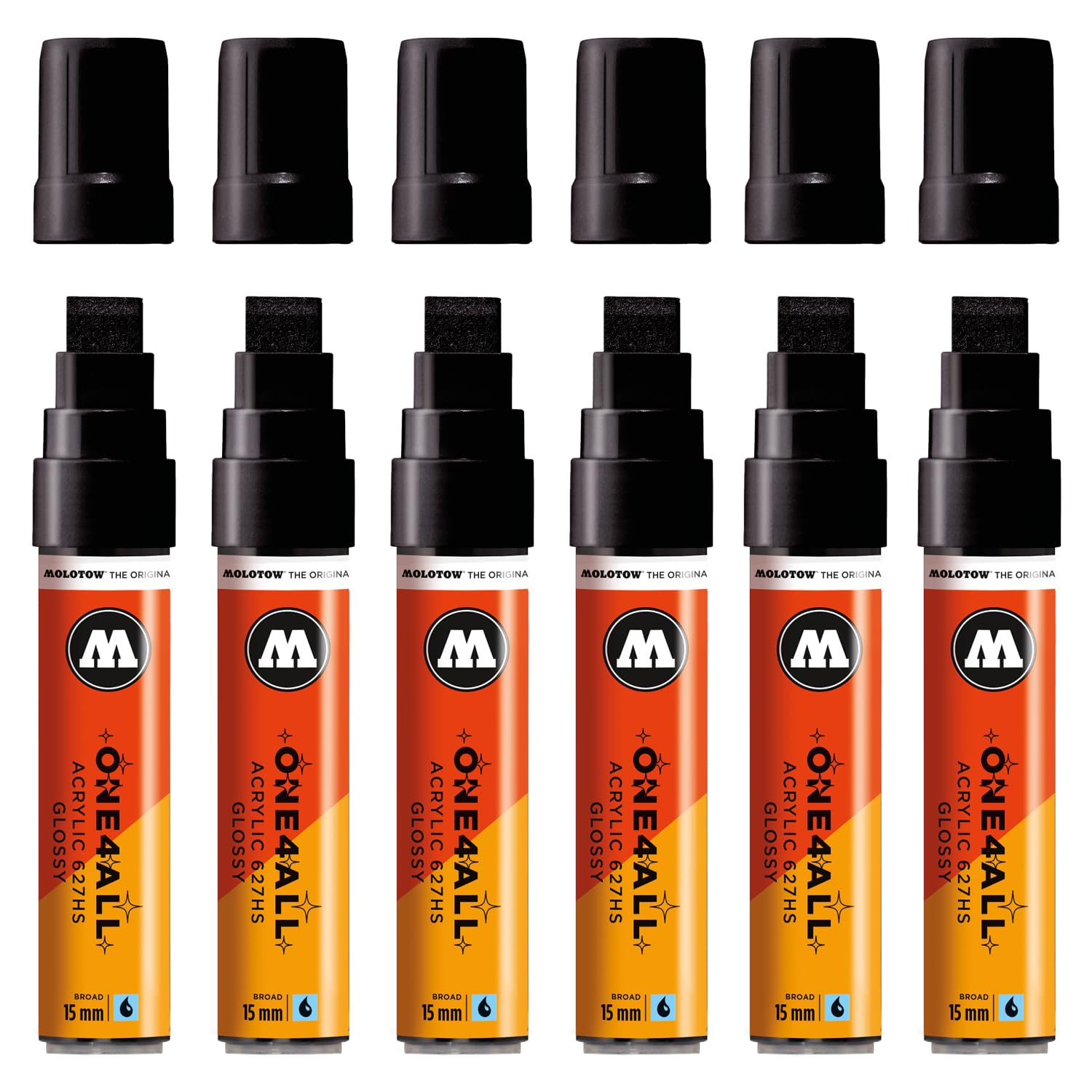 Molotow One4All 627HS Acryl Marker Glossy (15,0 mm Strichstärke, hochglanz, hochdeckend und permanent, schnell trocknend, nachfüllbar, für fast alle Untergründe) 6 Stück Farbe 252 glossy black
