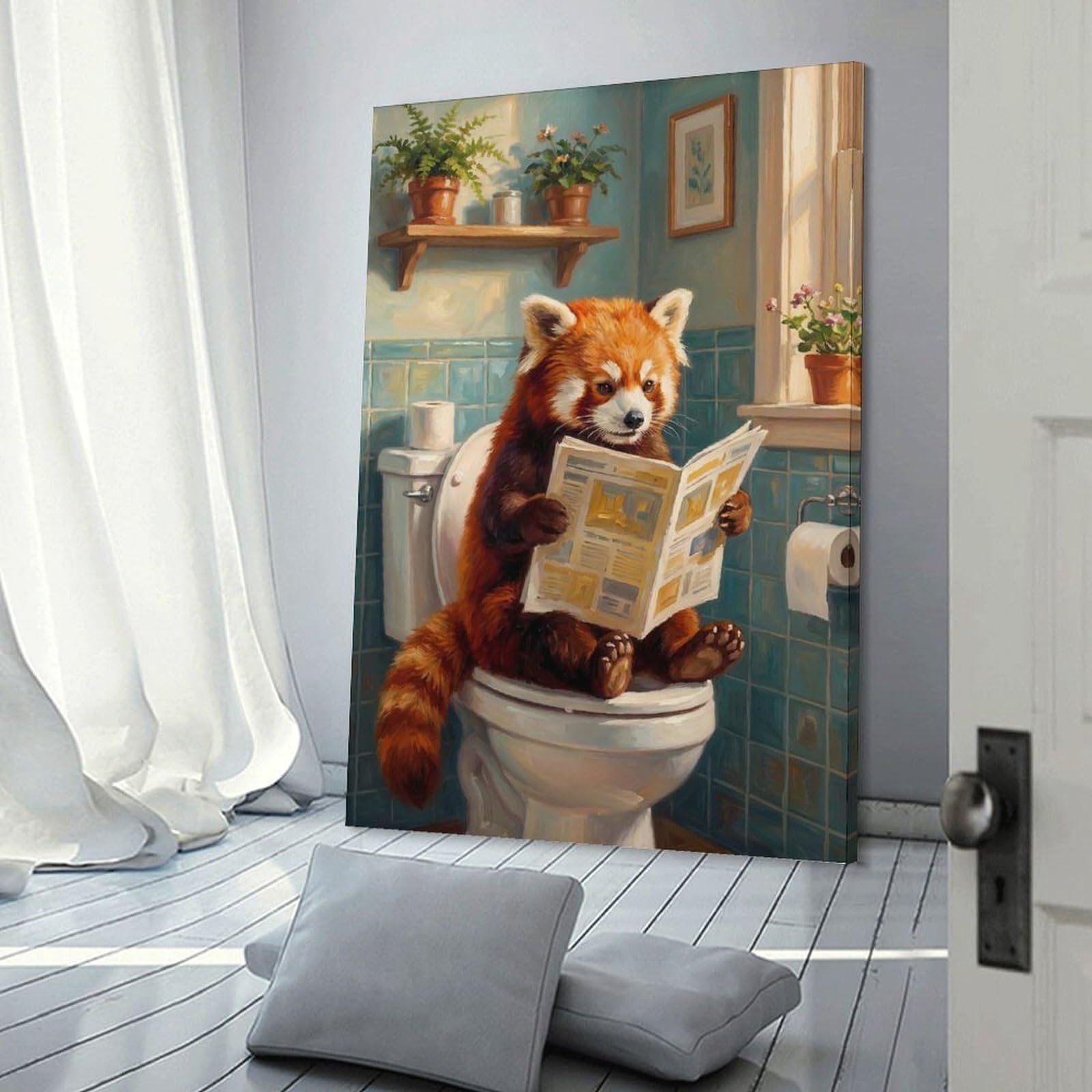 Junmoney Frame-Style-16 Hanging Wall Art Red Panda Reading Newspaper On Toilet, 20X30inch(50X75cm), For Gallery Wall Layouts In Home Or Office, An Easy Match For Collected Prints