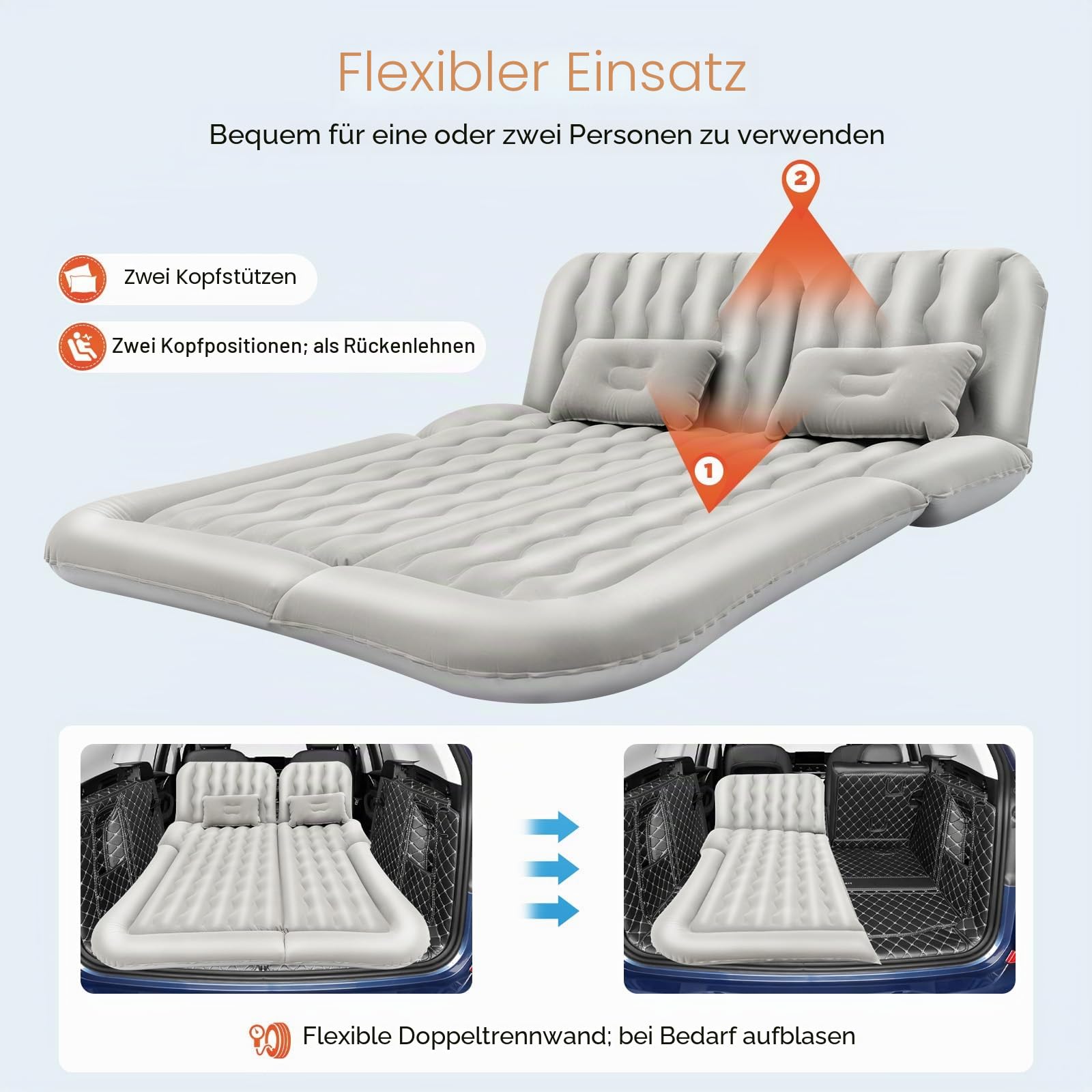Auto Luftmatratze SUV Aufblasbare Matratze Luftbett Camping Faltbare Luftmatratze Auto mit 2 Kissen & Aufblasbare Pumpe Doppelseitige Verdickte Beflockung für Reisen, Camping (Grau)
