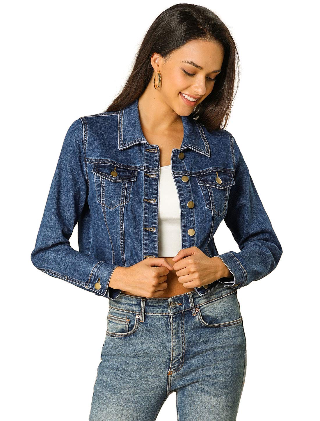 Allegra K Damen Jeansjacke Langarm Umlegekragen Knopfleiste Crop Denim Jacke