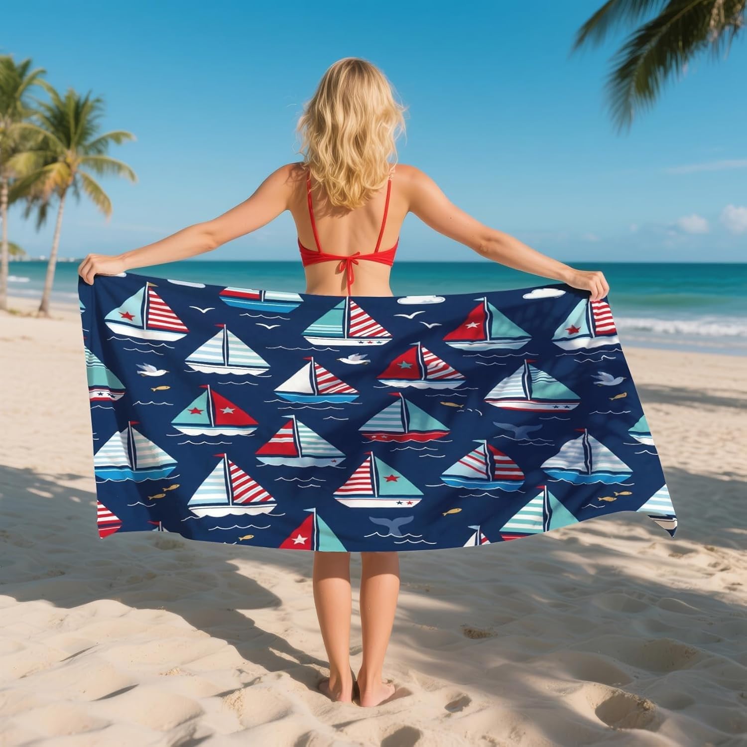 YZQGLHP Sailing Ship Microfibre Beach Towel Wavy Lines Beach Bath Towel Quick Drying, Lightweight, Sand-Free, Durable, for Pool, Gym, Camping, Travel Towel 90x200cm