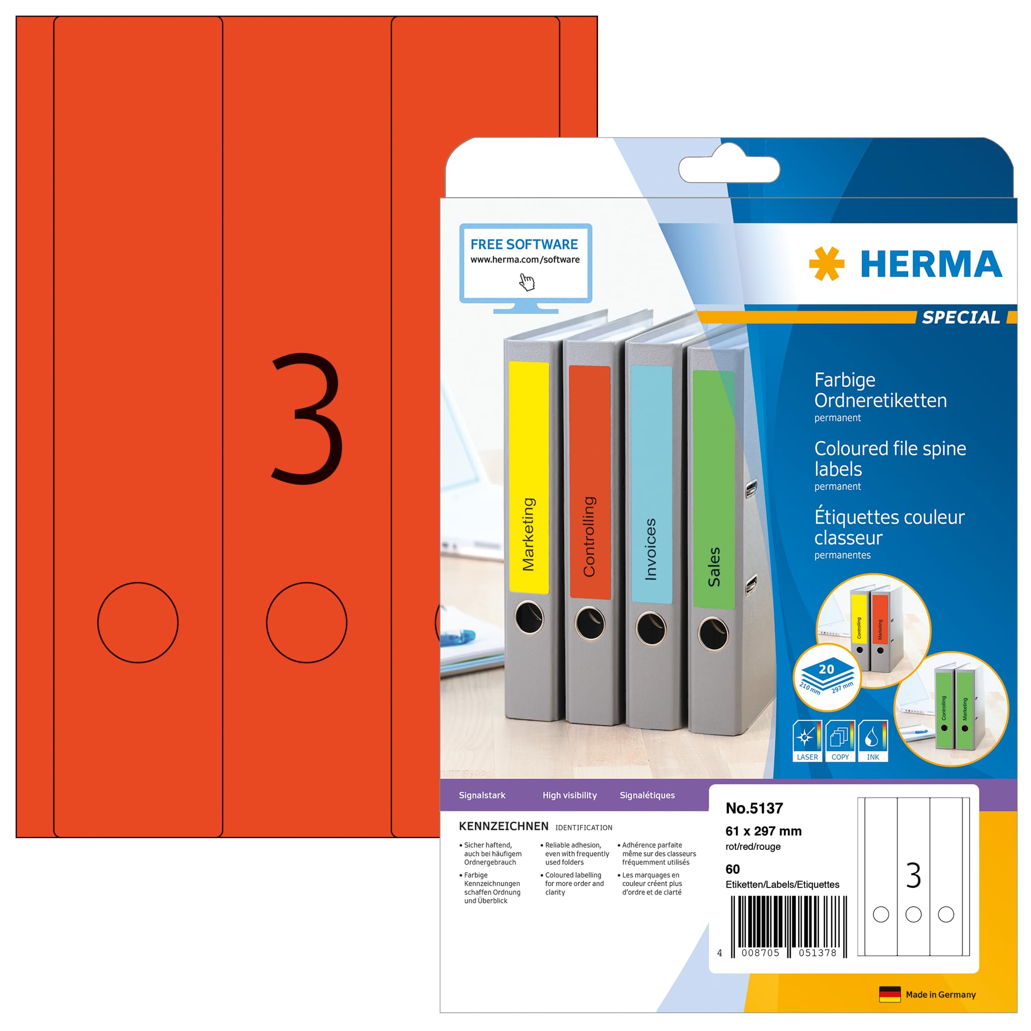 HERMA Self Adhesive Spine Labels, 3 Labels per A4 Sheet, 20 Sheets, 61 x 297 mm, 60 Labels, Blank Lever Arch File Folder Labels Stickers, Sticky Labels for Laser & Inkjet Printer, Red