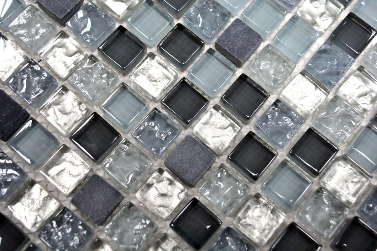 Mosaico di vetro quadrato Crystal/pietra mix trasparente/grigio/argento pietra naturale, 15 x 15 x 8 mm, dimensioni foglio: 322 x 305 mm, 10 fogli