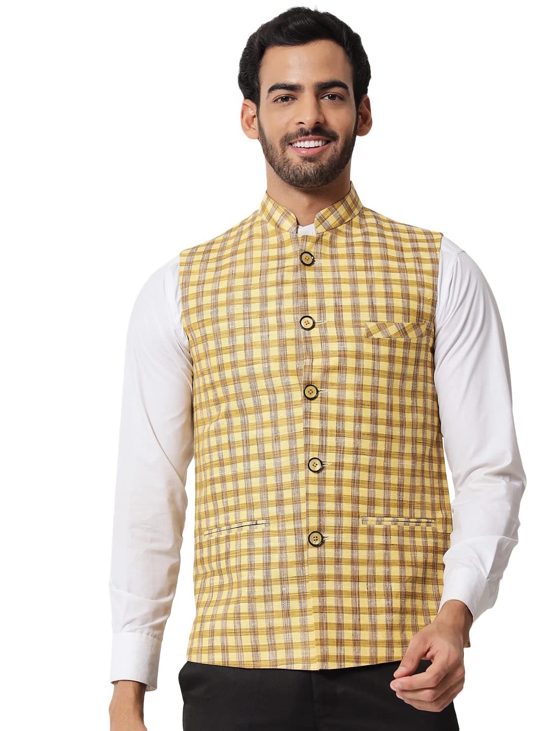 Mens Handloom Block Check Print Nehru Jacket - (VS4801D)