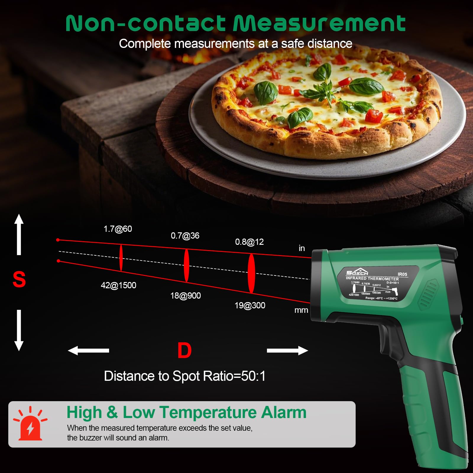 SQECH Termometro Infrarossi Laser -40℃～1200℃ 50:1 con Sonda Termocoppia Emissività Regolabile
