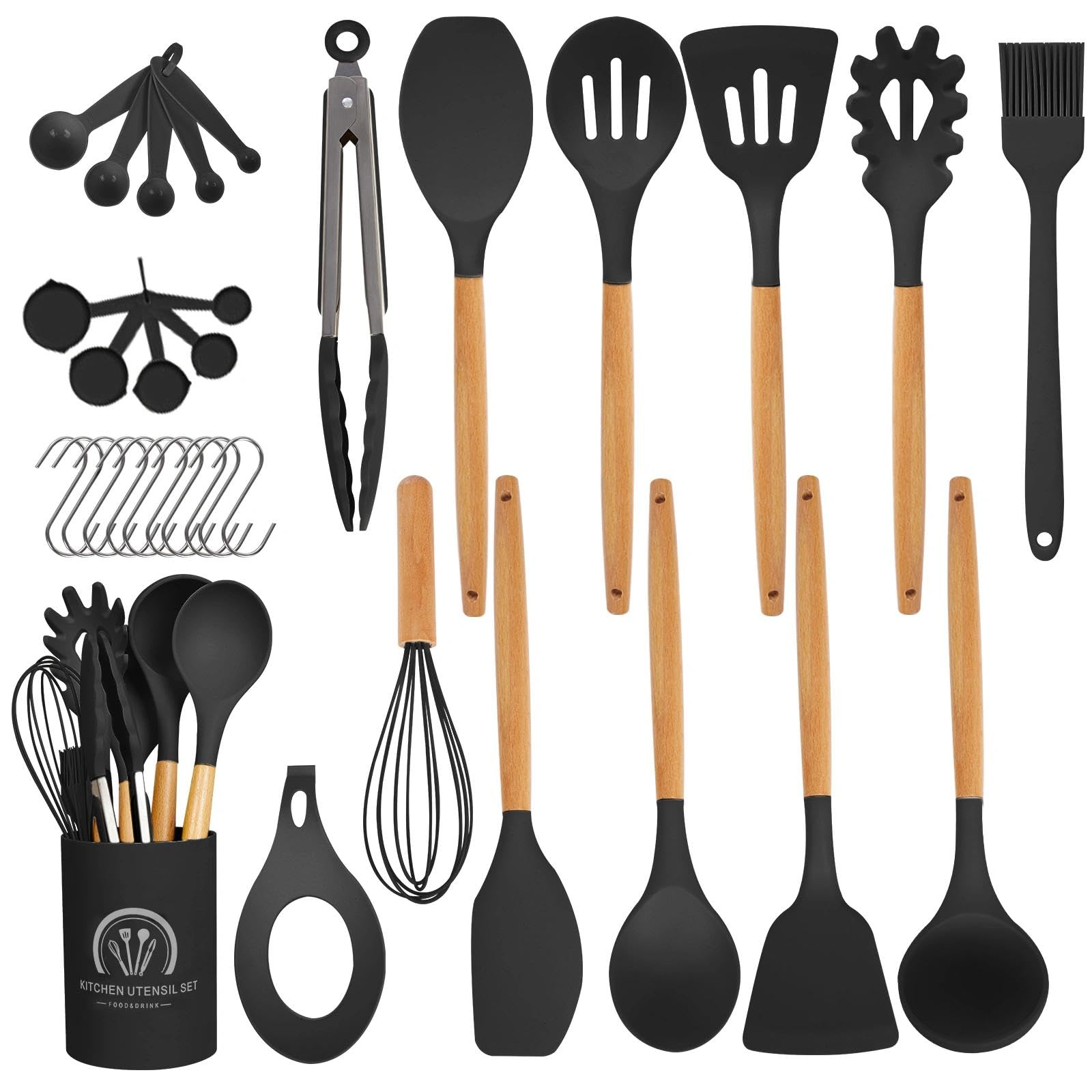 Utensili Cucina Silicone - 33 Pezzi Utensili Da Mestoli Cucina Silicone Con Manico In Legno, Senza Bpa, Resistenti Al Calore E Antiaderenti, Con Supporto E Mestoli, Con Fori Per Appendere, Nero