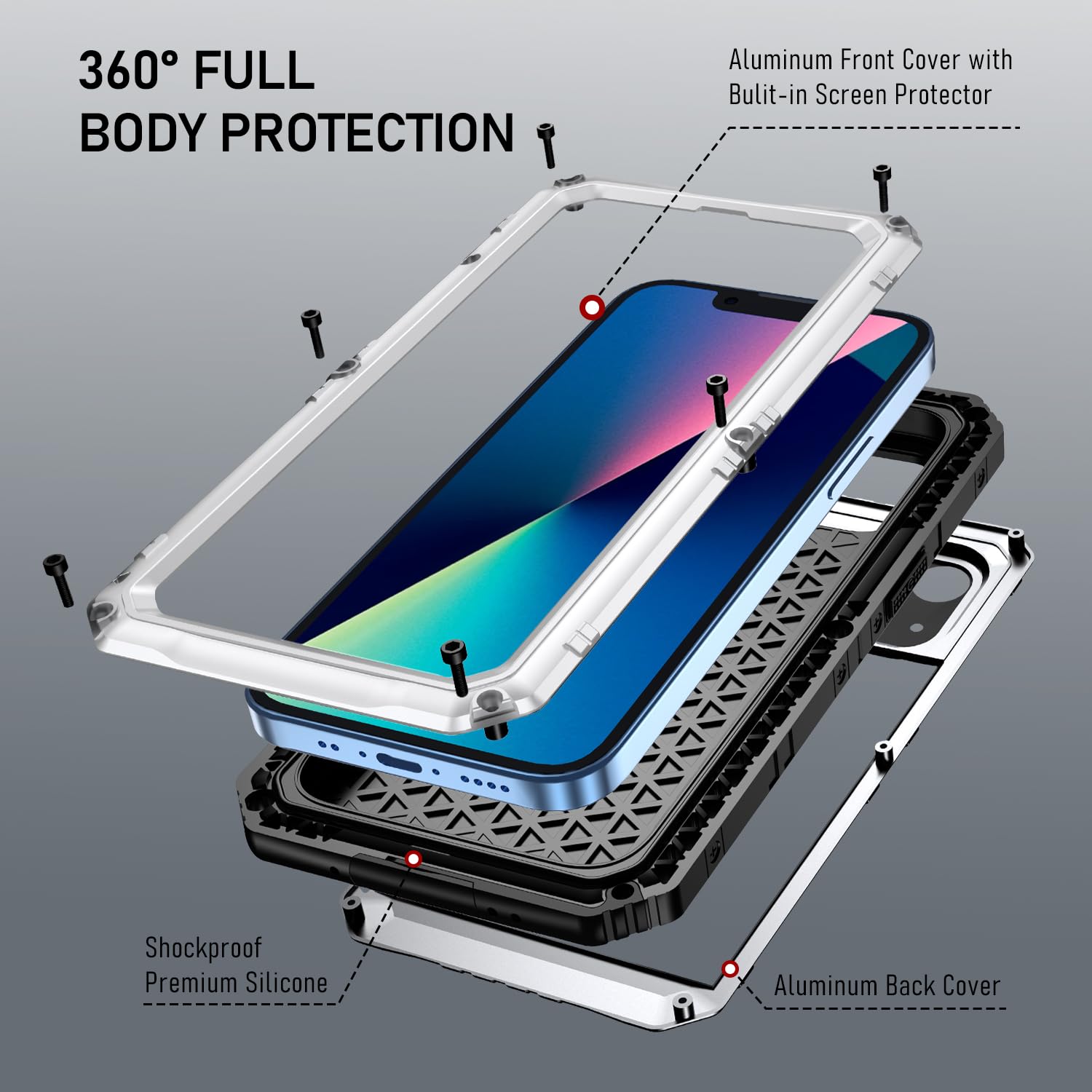 Beeasy Cover per iPhone 13 IP68 Impermeabile Custodia Militare Antiurto Resistente 360° Metallo Armor Protezione Schermo Integrata Rugged Robusta Indistruttibile Subacquea Antipolvere Argento