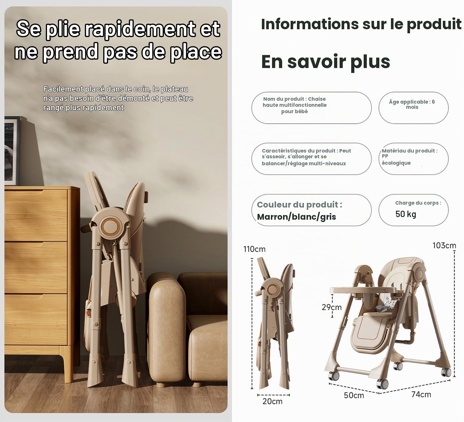 Magic ZC Cuir PU Chaise Haute pour Multifonctionnelle Bébé Chaise de Salle à Manger avec Hauteurs Réglables et Positions Pliable Convertible avec Doubles Plateaux (X8121 Khaki)