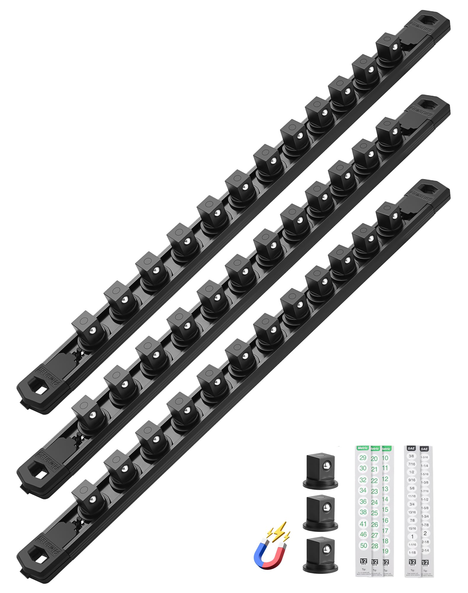 ALOANES Magnetic Socket Organizer Set, 3-Piece Heavy Duty Aluminum Socket Rails, 360° Swivel Clips Socket Rail Kit for Tool Tray Drawer Fit 1/2-Inch x 36 Clips (Black, 3PC)