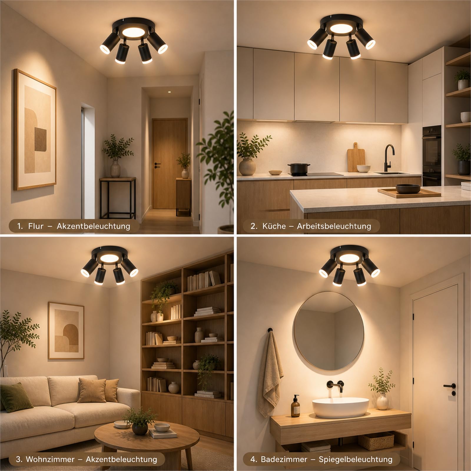LED Deckenstrahler 4 Flammig Rund Schwarz Deckenlampe Warmweiß