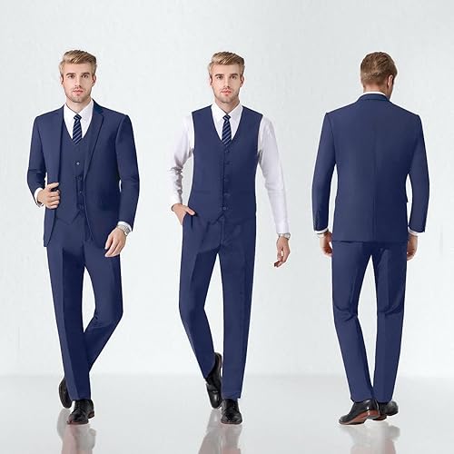 Miniatura 6 de LUPURTY Trajes para hombres, traje de 3 piezas para hombre, ajuste delgado, chaqueta sólida chaleco pantalones con corbata, conjunto de esmoquin de