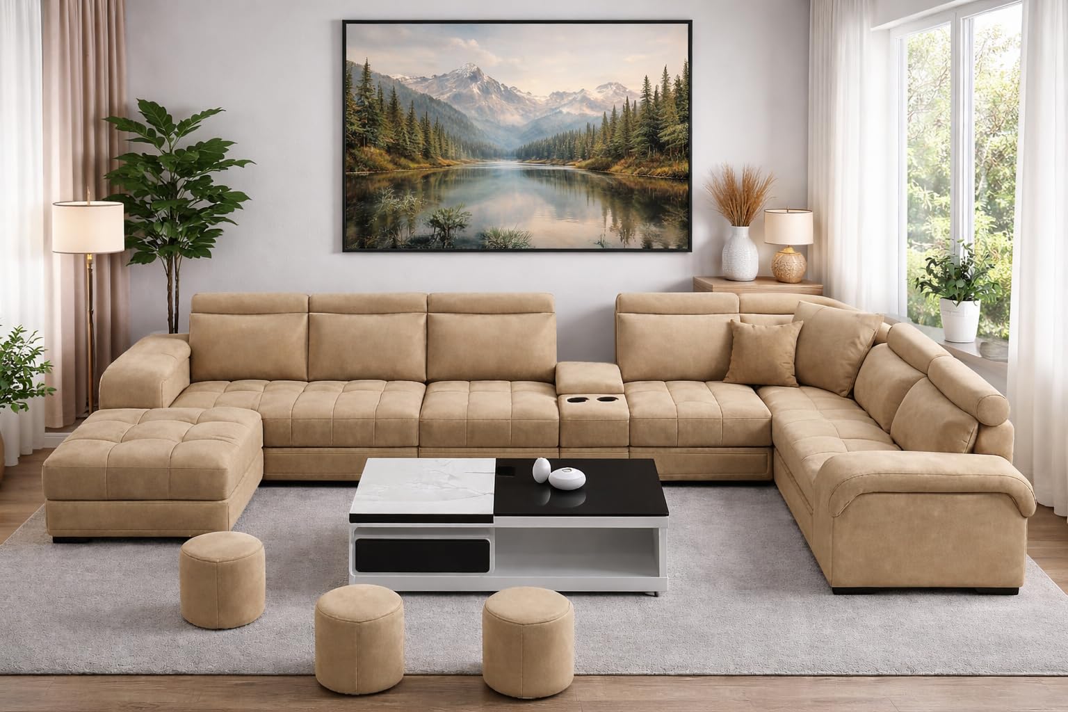Opulence U Shape Sofa Set for Living Room 12 Seater |(Beige) Premium Velvet Fabric Sectional Sofa Couch with 3 Puffy & Ottoman | Large Modular U-Shaped Sofa Set-image-28
