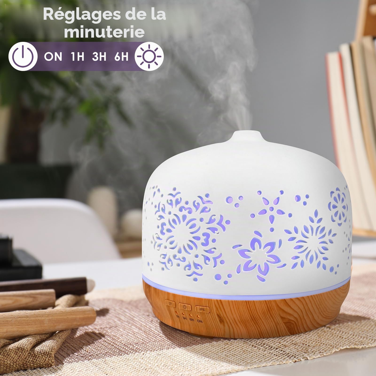 GuKKK 500ML Diffuseur d'huiles Essentielles en Céramique Blanche, Ultrasonique Humidificateur Diffuseur Aromathérapie Electrique, Arôme Parfum Electrique avec 7 Couleurs Lumières,pour Chambre/Yoga