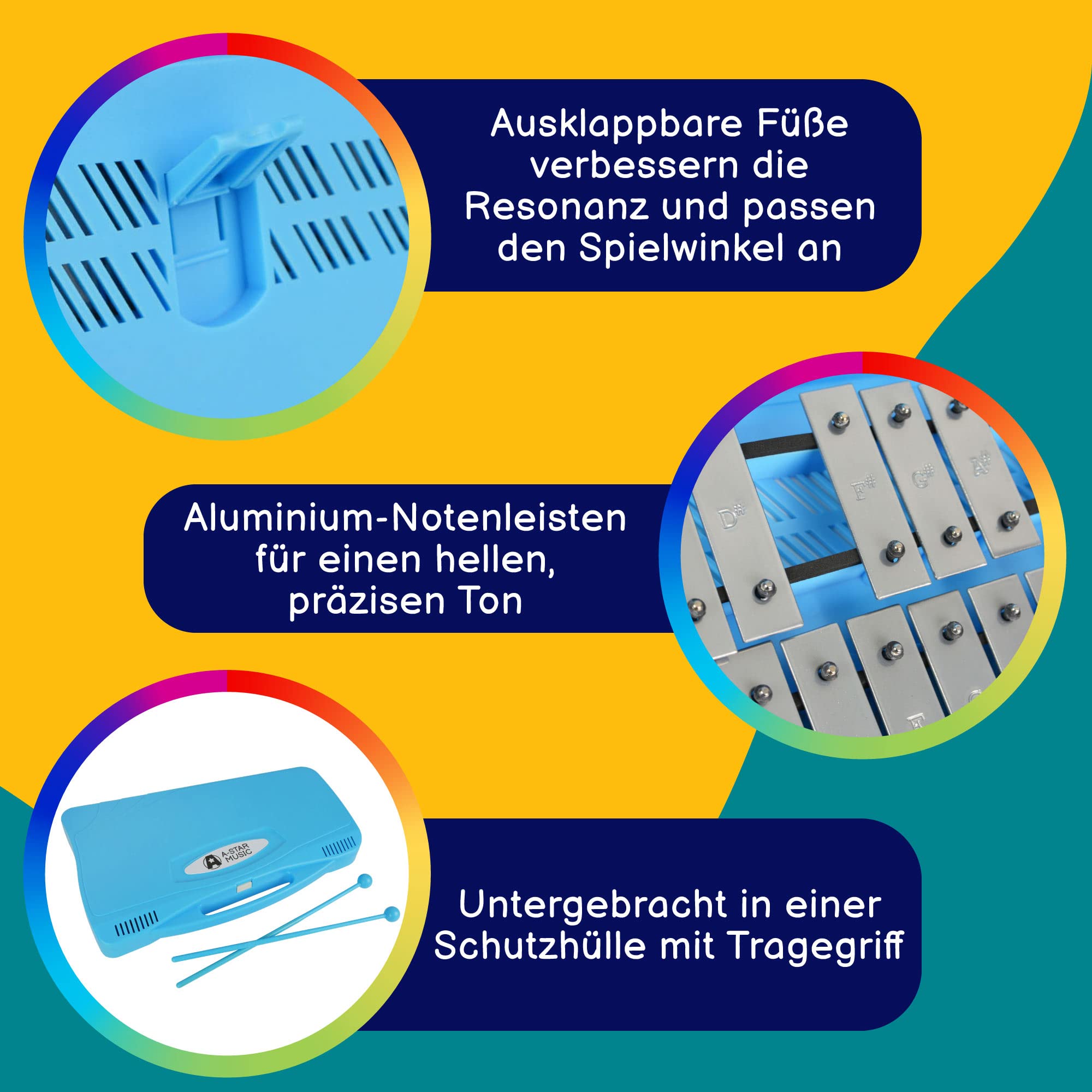 A-Star 25-Noten-Sopran-Chromatisches Glockenspiel-Xylophon im blauen Gehäuse mit silbernen Tasten und zwei Kunststoffschlägeln – 2 Oktaven G5 bis G7