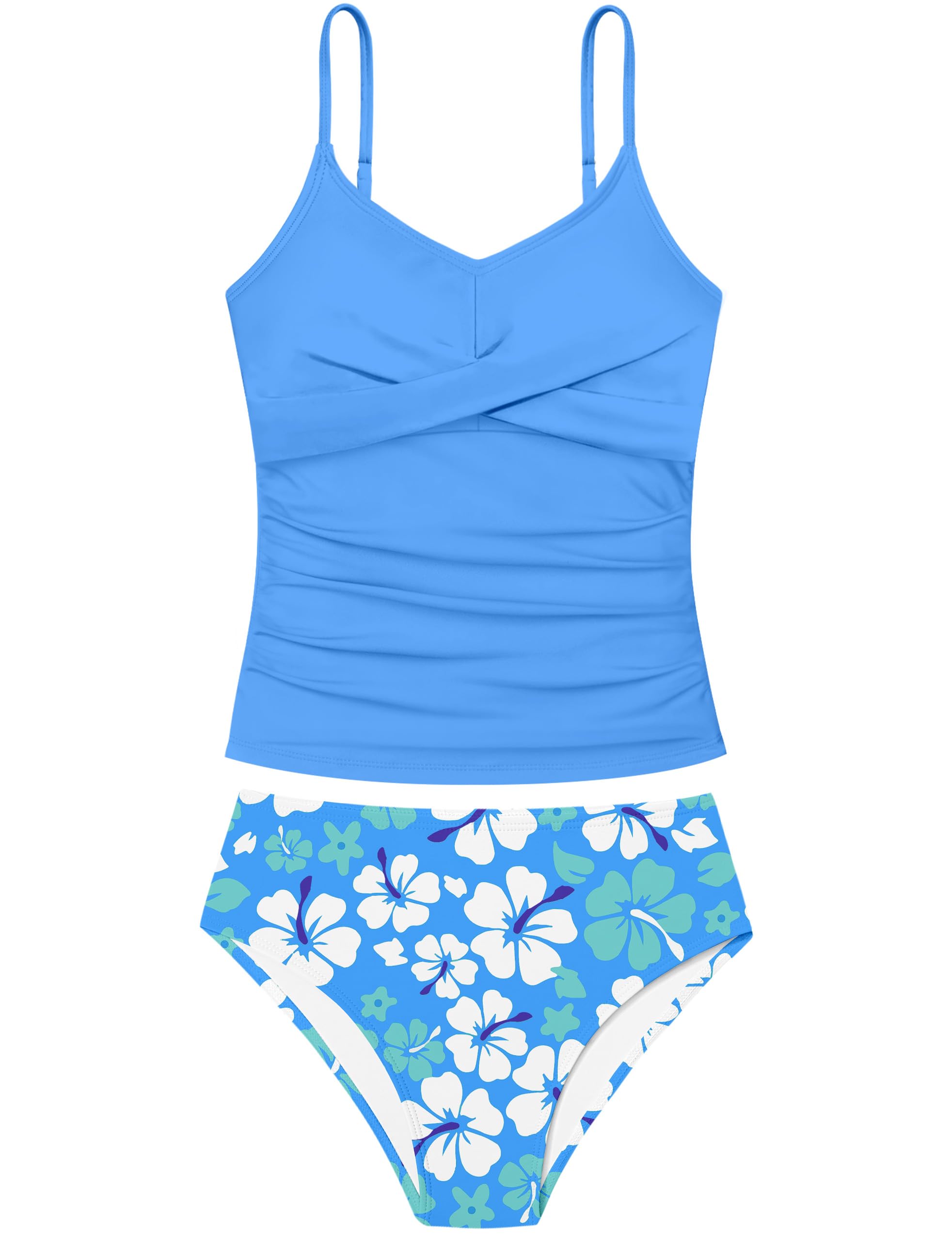 Girls Swimsuit 2 Piece Bathing Suit Criss Cross Ruched Girl Tankini Sets Printed Girls' Swimwear for 9-18 Years