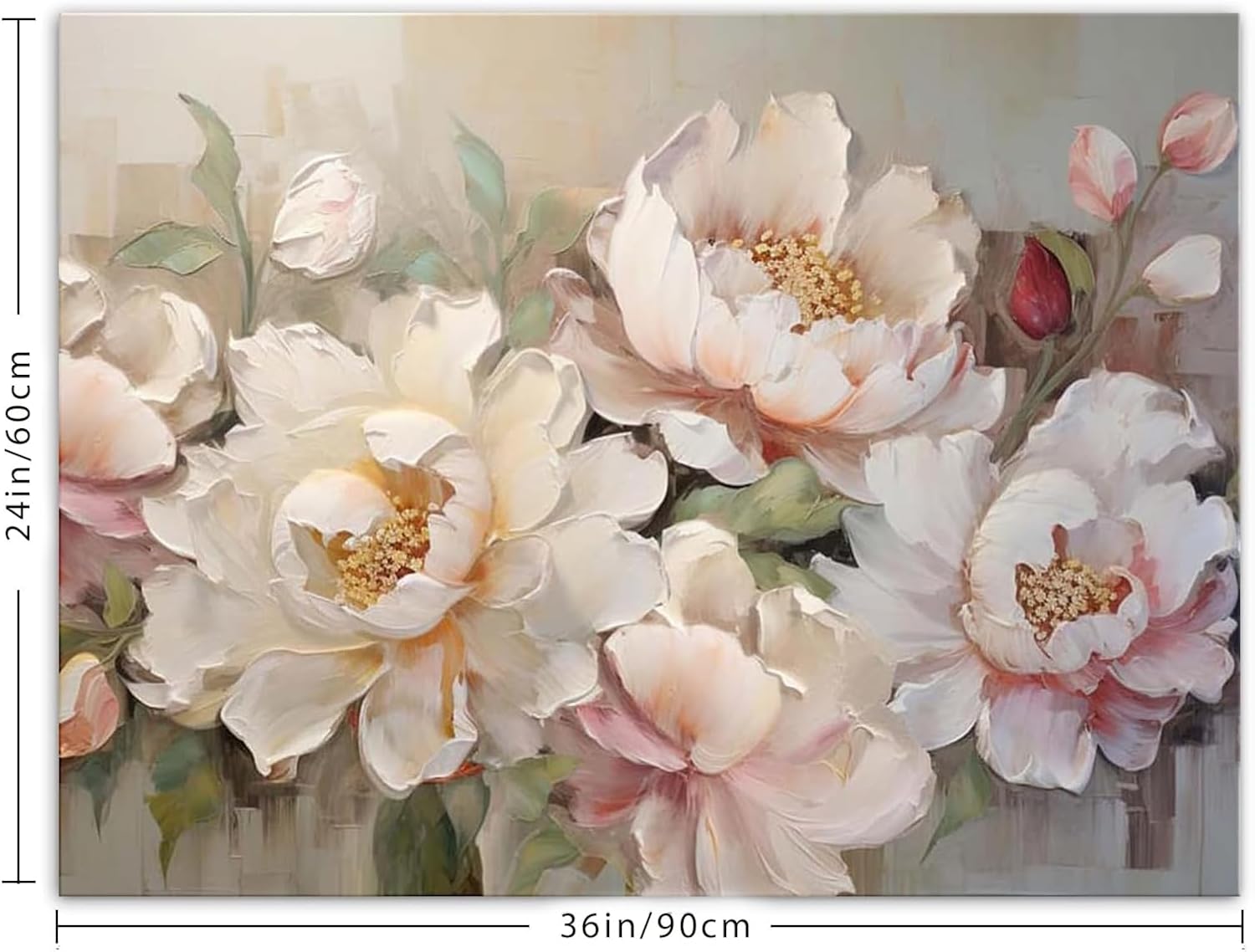 Vintage Floral Canvas Wall Art,Framed Rustic White Flower Painting in Vase Retro Botanical Artwork for Living Room Bedroom Bathroom Wall Decor read to hang (Pink B, 36L×24W)