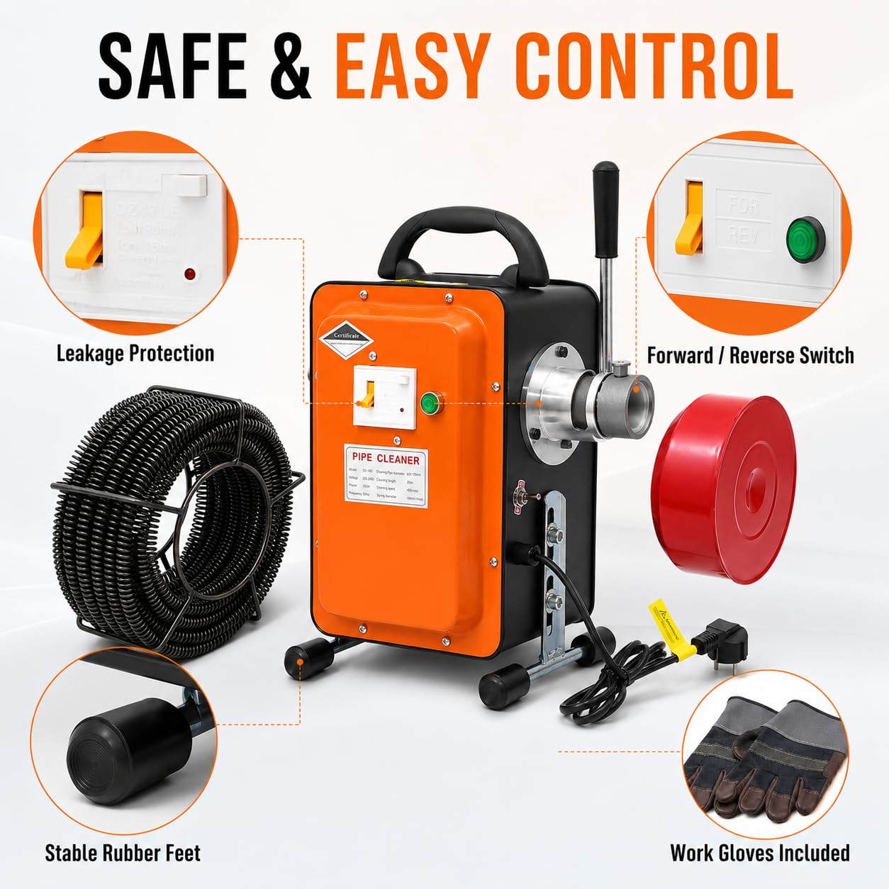 Desatascador eléctrico de tubería 750W, hurón Desatascador profesional de 20 m, máquina de limpieza de mangueras 400 RPM con muelles y guantes para fregadero de inodoro alcantarillado cocina baño