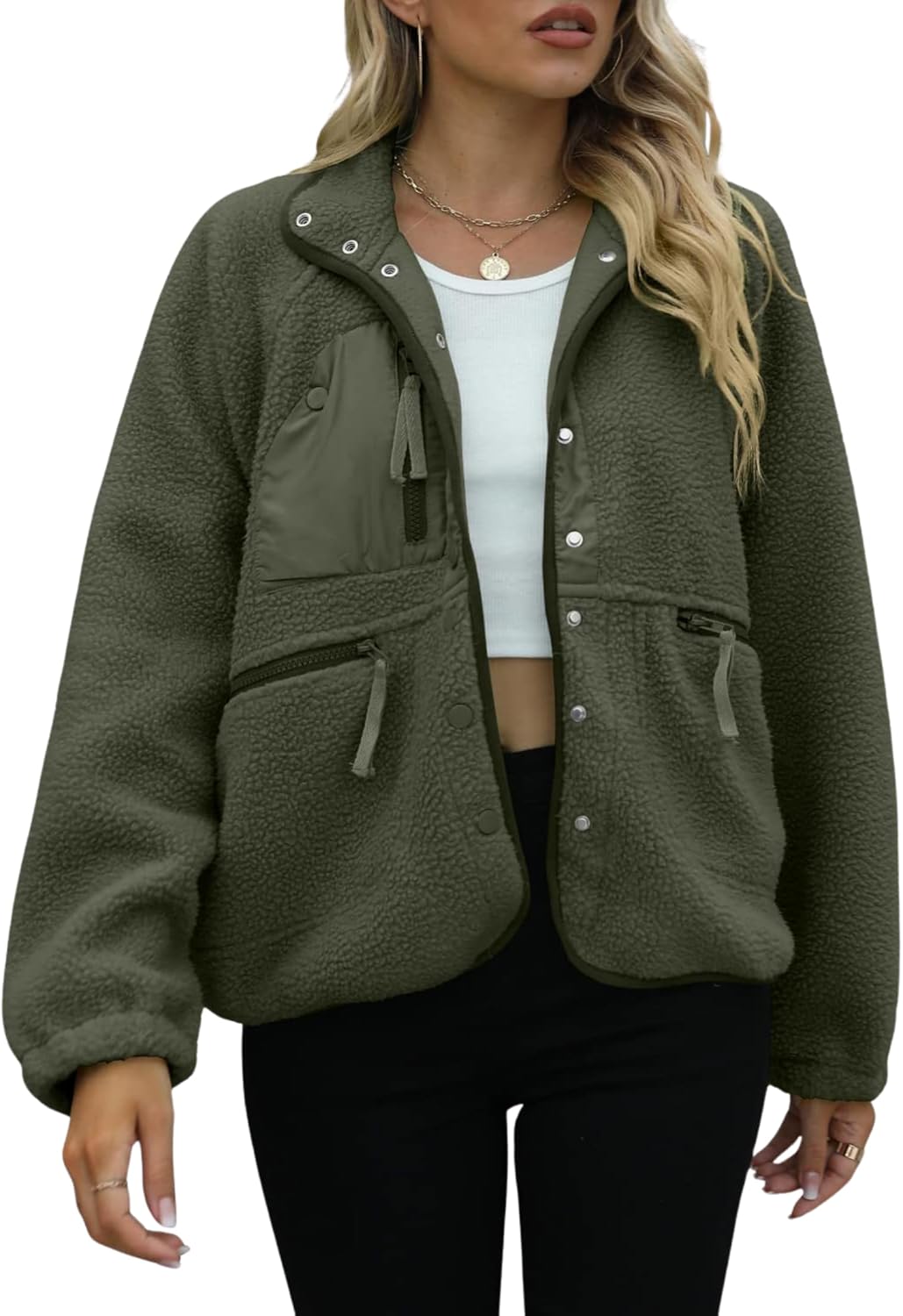 LIZALIG Women's Casual Cropped Sherpa Jacket - Lapel Button Down Fuzzy Fleece Winter Warm Coat with Pockets