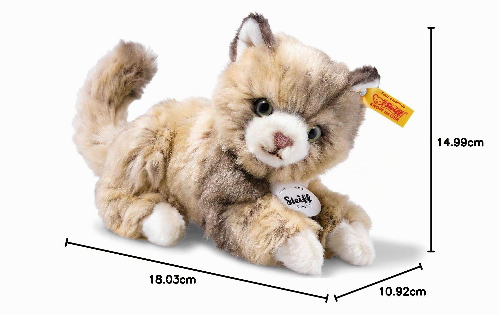 Steiff Peluche Gatto Lucy, dolce animale di stoffa con occhi in plastica per bambini e bambine, pupazzo di 18 cm, beige, 099663