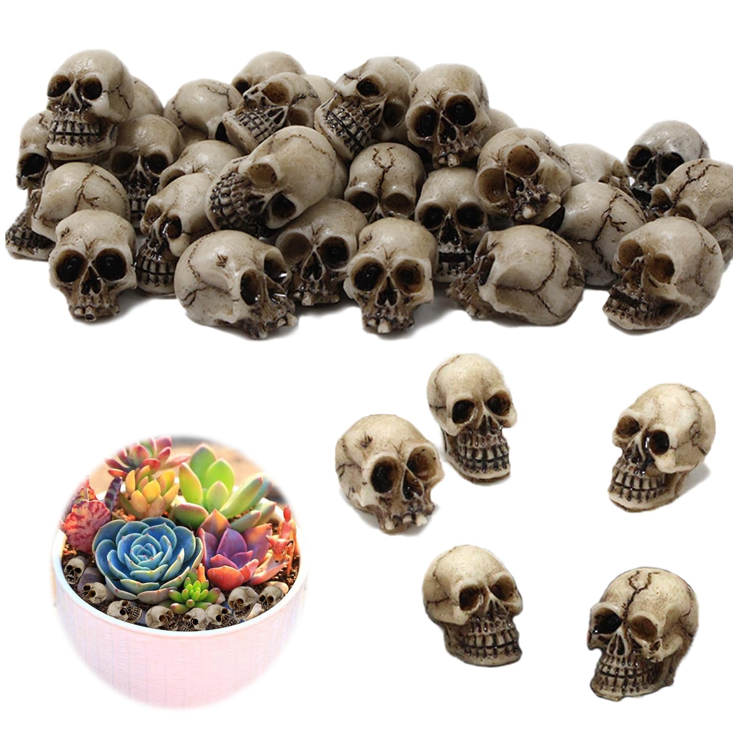 20PCS Halloween Mini Cráneo, Mini Calaveras, Minifiguras de Calaveras de Halloween, decoración de Maceta, para Haunted House, Halloween Horror Party, Decoración para Halloween