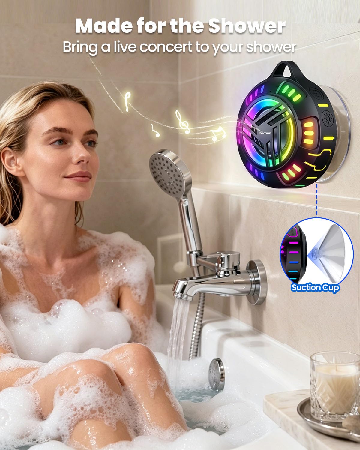 JTEMAN Altoparlante da doccia Bluetooth impermeabile portatile, IPX7, altoparlante esterno impermeabile con 7 modalità di luce LED, ventosa e moschettone, altoparlante wireless galleggiante per