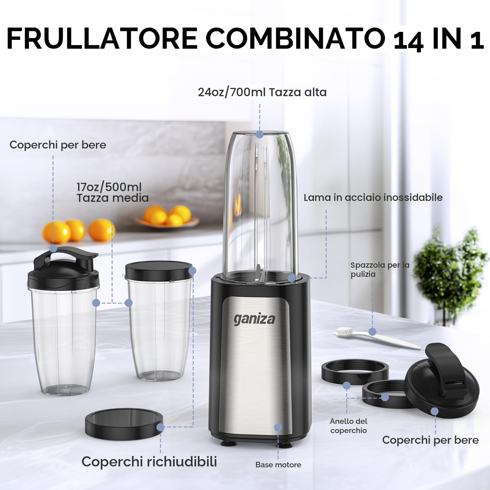 Ganiza Frullatore, 900 W, mini frullatore con 3 bicchieri portatili (2 × 500 ml & 1 × 700 ml), lama a quattro lame in acciaio inox, senza BPA, facile da pulire, frullatore elettrico per shake