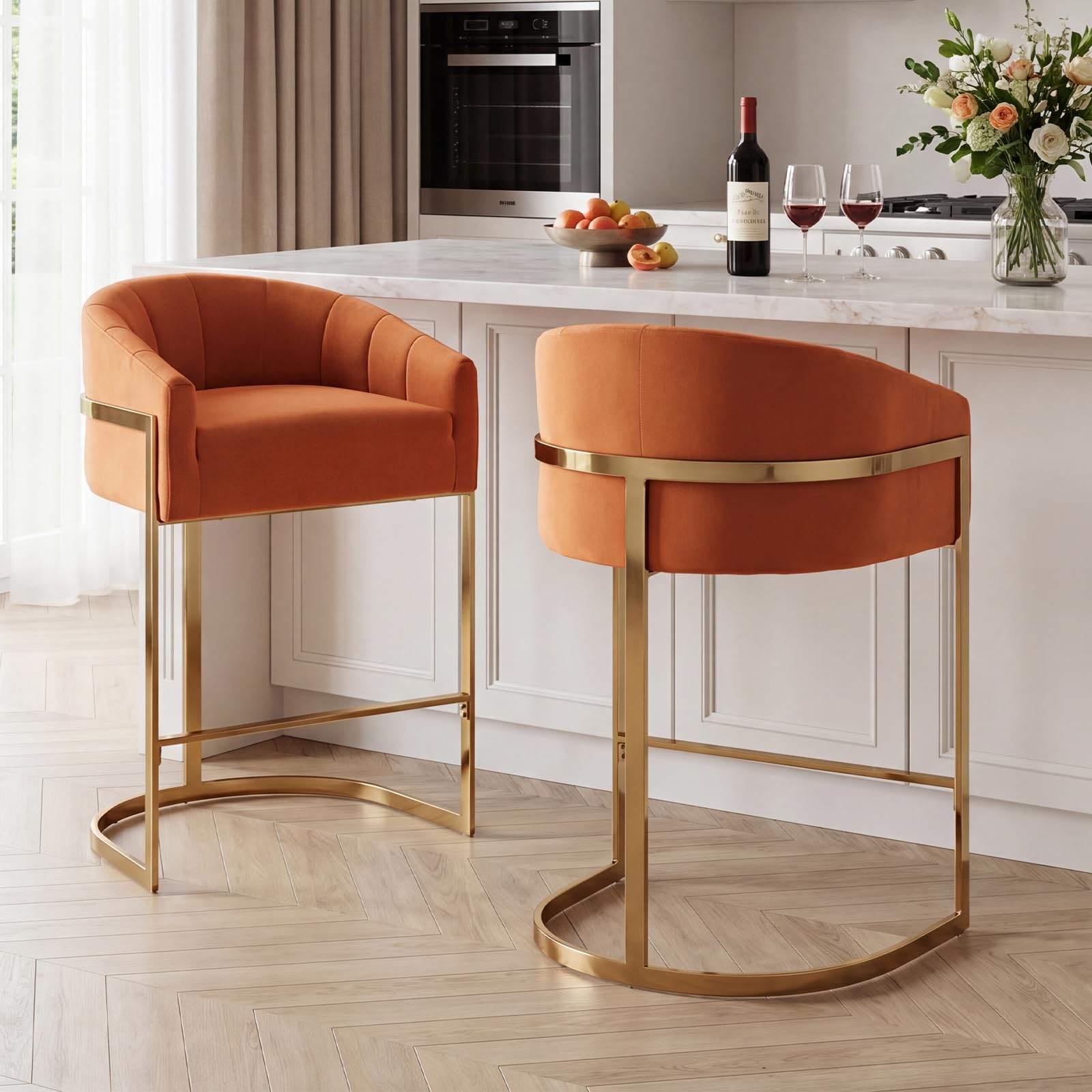 TQHOQ Bar Stools Set of 2, Velvet Upholstered Bar Chairs with Gold Metal Legs, Kitchen Stools with Backs (orange, Set of 2)