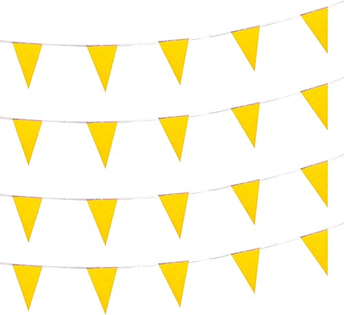 AuTop Banderines de 100 pies de color amarillo sólido, banderines triangulares, decoraciones para gran apertura, fiesta de cumpleaños, celebración
