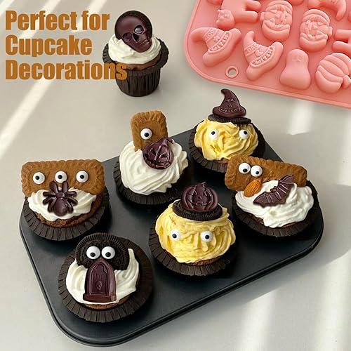 Miniatura 7 de Moldes de silicona para Halloween, paquete de 3 con diseños de calabaza, calavera, esqueleto, fantasma, murciélago para hornear, chocolate, dulces,