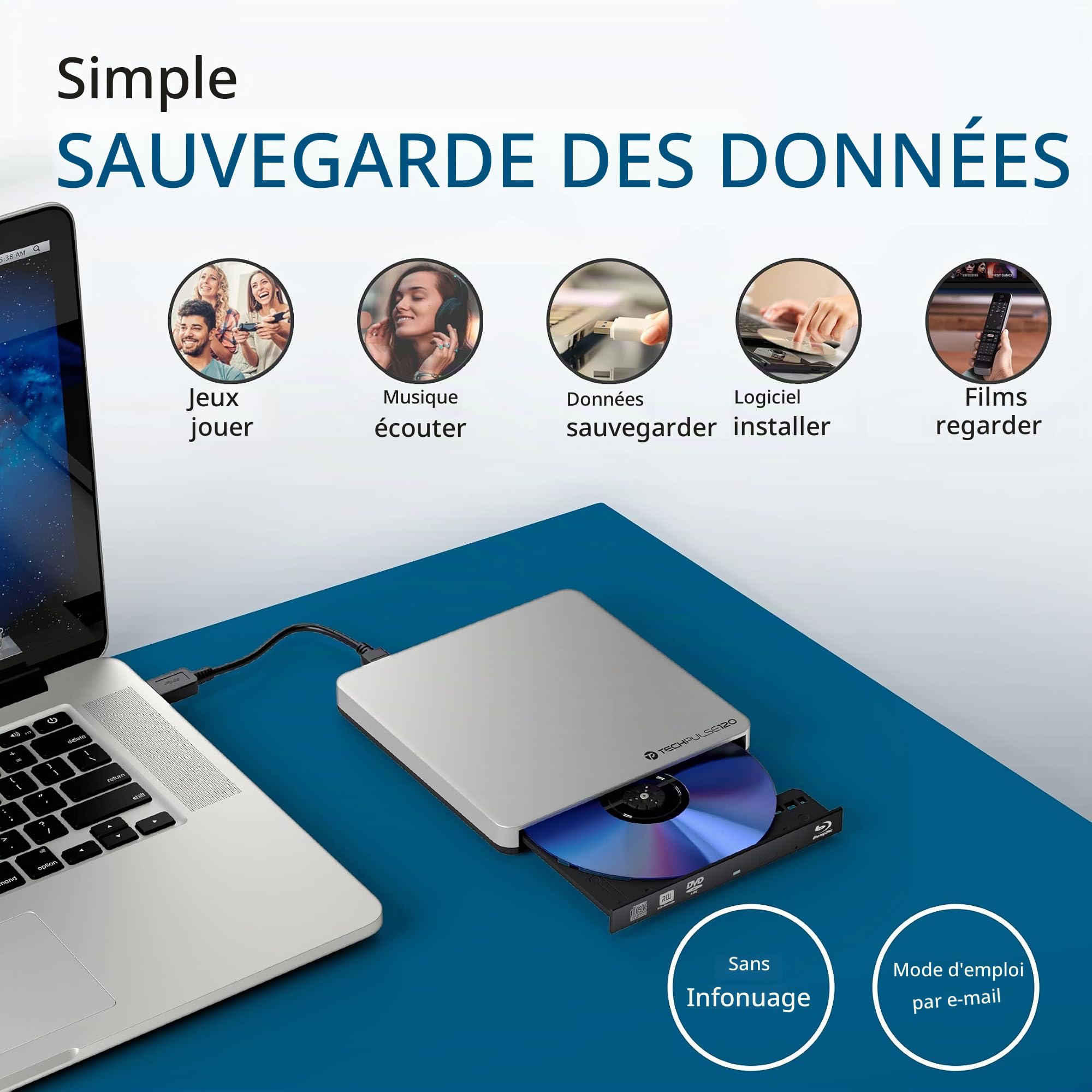 techPulse USB 3.0 3D Externe Blu-Ray Graveur Lecteur Portable Slim BD DVD CD Drive Odd Superdrive Rom Blueray Compatible Windows Apple ou d'autres Ordinateurs de Bureau Portables avec Port