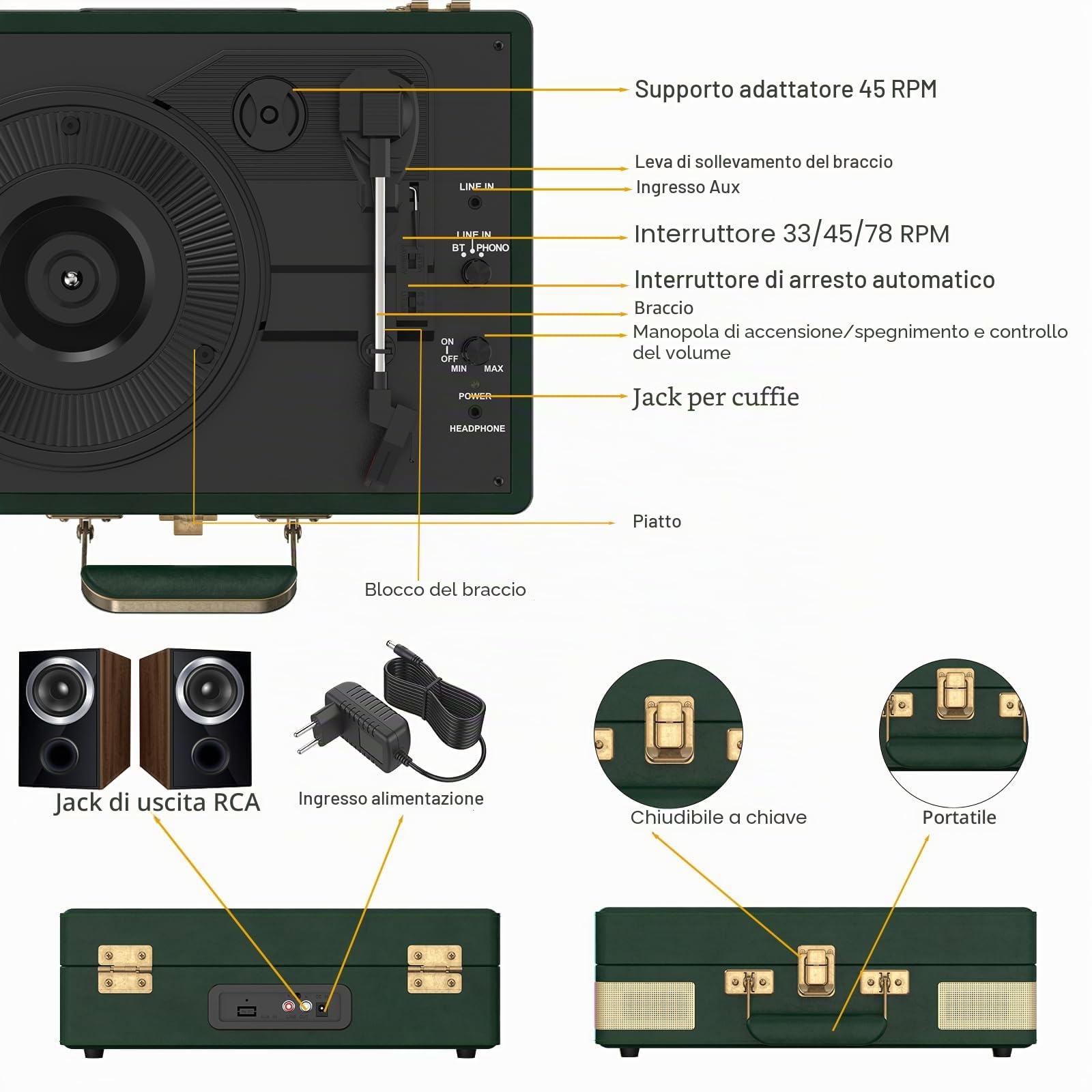 Giradischi Portatile Veliz Con Bluetooth E 3 Velocità – Altoparlanti Integrati E Uscita RCA - 4