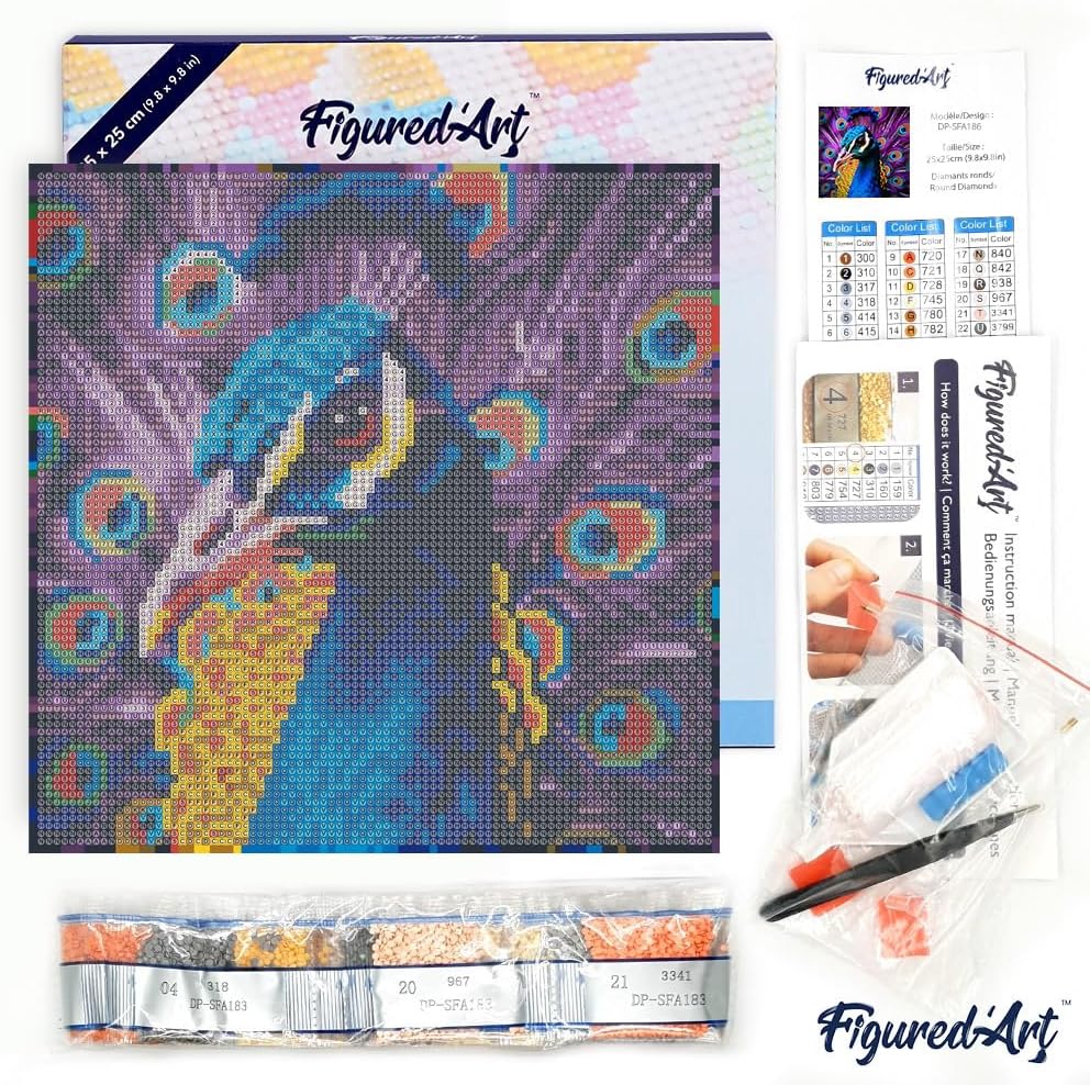 Figured’Art Mini Diamond Painting Art kit for Adults 10"x10" with Frame Full Round Drill 5D Graceful Peacock Complete DIY - Already Framed Canvas