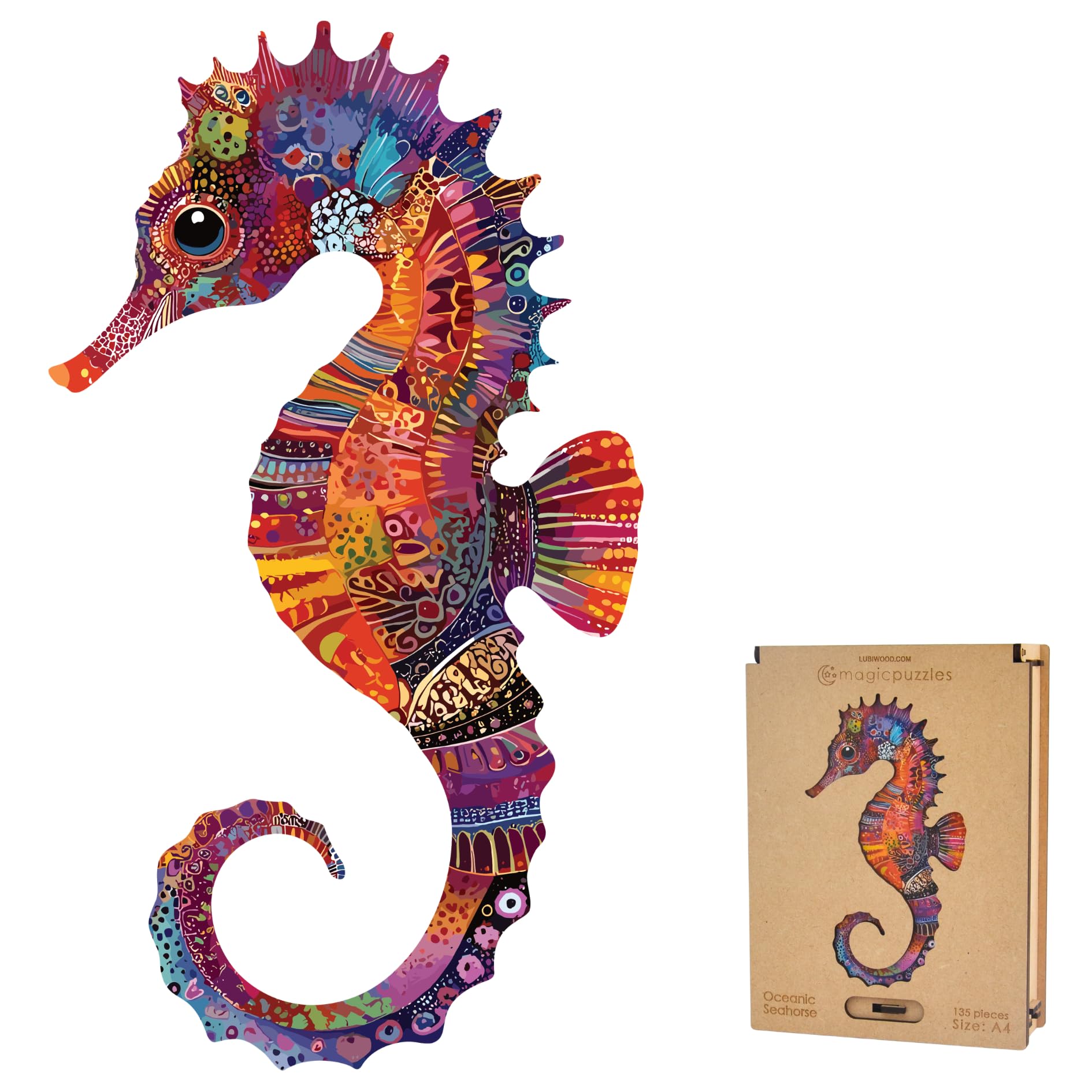 Lubiwood Unique Shaped Oceanic Seahorse Wooden Puzzle (40x22 cm) - 134 Intricate Pieces, Includes Wood Gift Box - An Ideal Engaging Gift