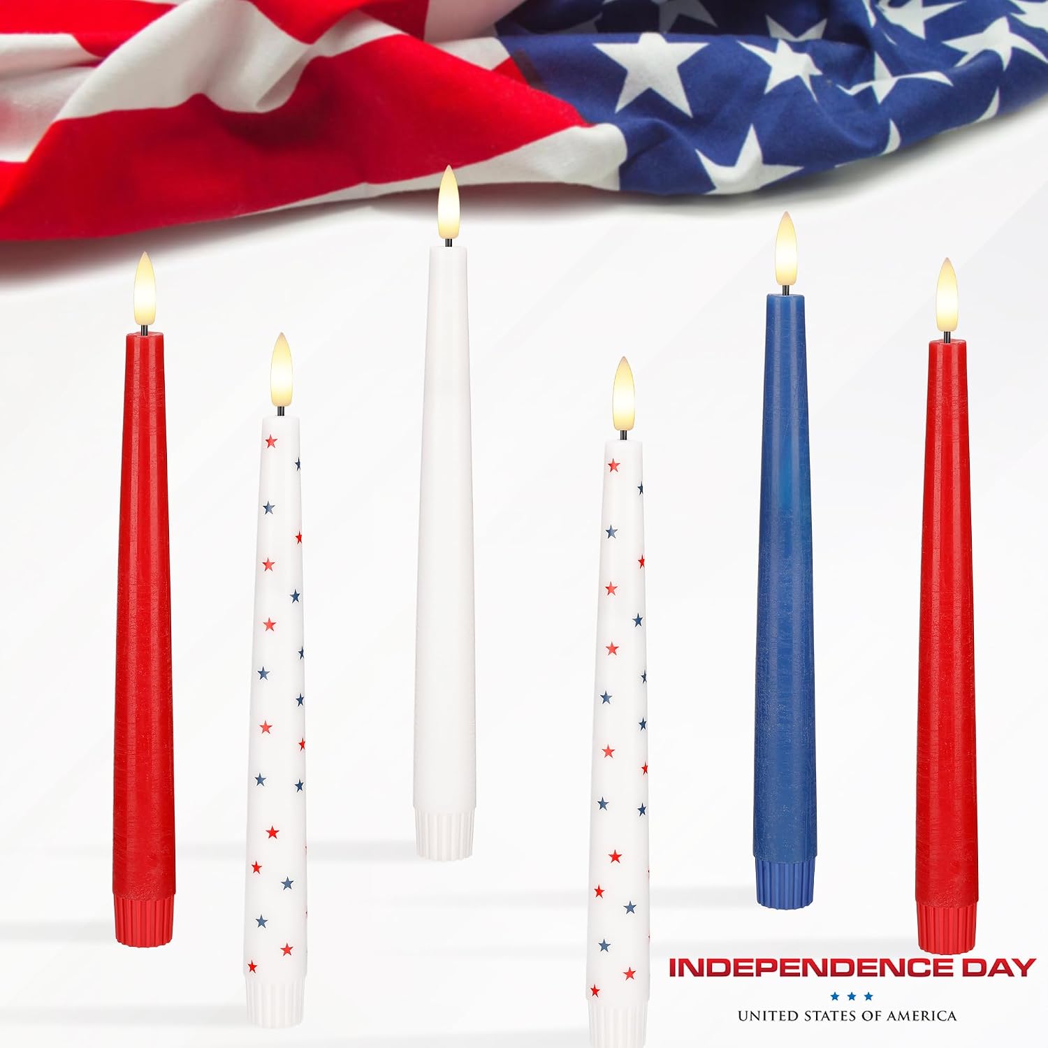 Red White and Blue Star Candles, Flameless Taper Candles with 3D Wick, Real Wax 4th of July Flameless Candles with Remote, 9.6" Battery Operated Patriotic Led Candlesticks, 3 Pack