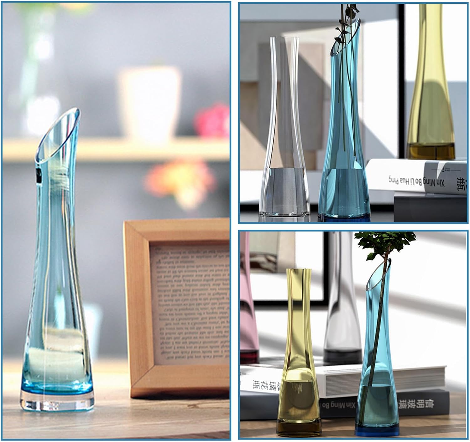 Hand-Made Blown Art Bud Glass Flower Vase Oblique Mouth Single Bud Vase Heavy Base Single Stem Flower Drop Vase for Flower and Office Bud Home Wedding Decor (Blue-23cm) - Image 4