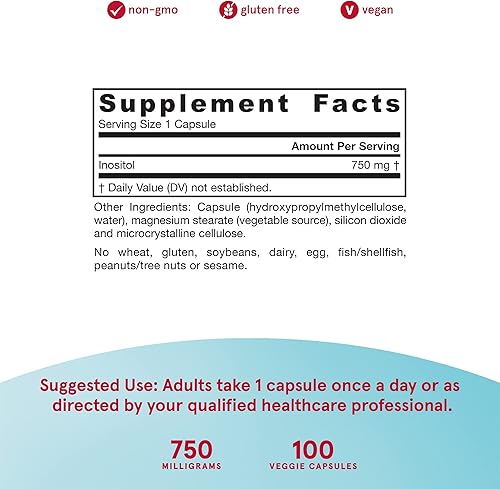 Miniatura 4 de Jarrow Formulas Inositol 750 mg - 100 cápsulas vegetales - Soporte hepático - Útil para el funcionamiento nervioso y el metabolismo de la grasa -
