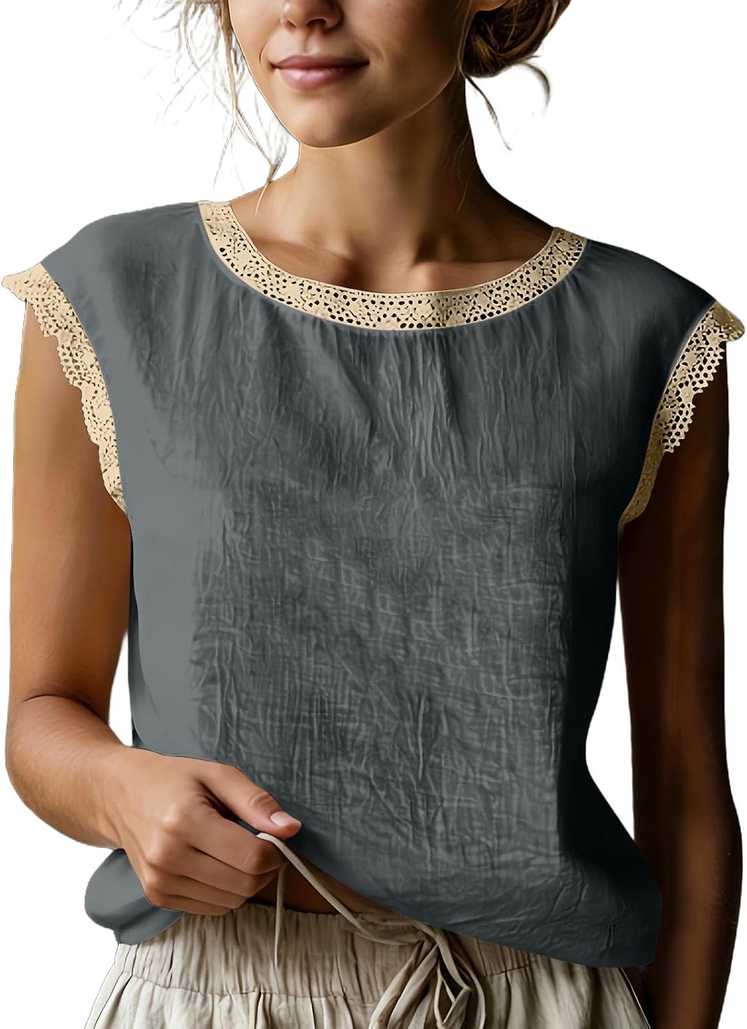 Women's Cotton Linen Tank Tops Lace Trim Crew Neck Sleeveless Blouses Dressy Casual Solid Loose Boho Vacation Shirts