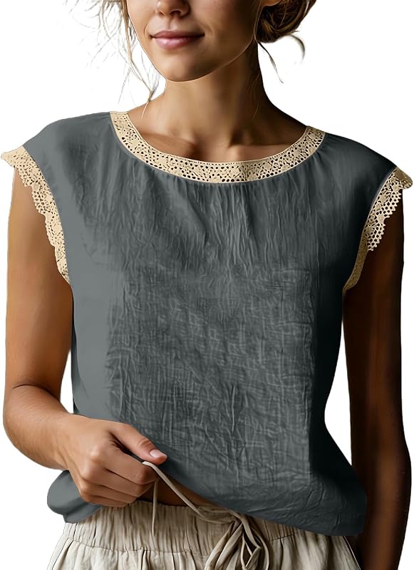 Cotton Linen Tops for Women Summer Casual Shirts Cap Sleeve Crew Neck T Shirts Lightweight Lace Trim Blouses Tees