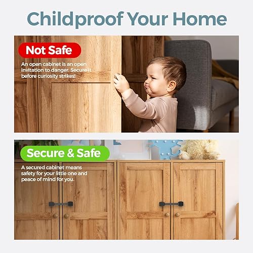 Miniatura 2 de Cerraduras de gabinete a prueba de bebés (paquete de 6 negros), cerraduras de gabinete a prueba de niños, sin taladrar, fácil instalación,