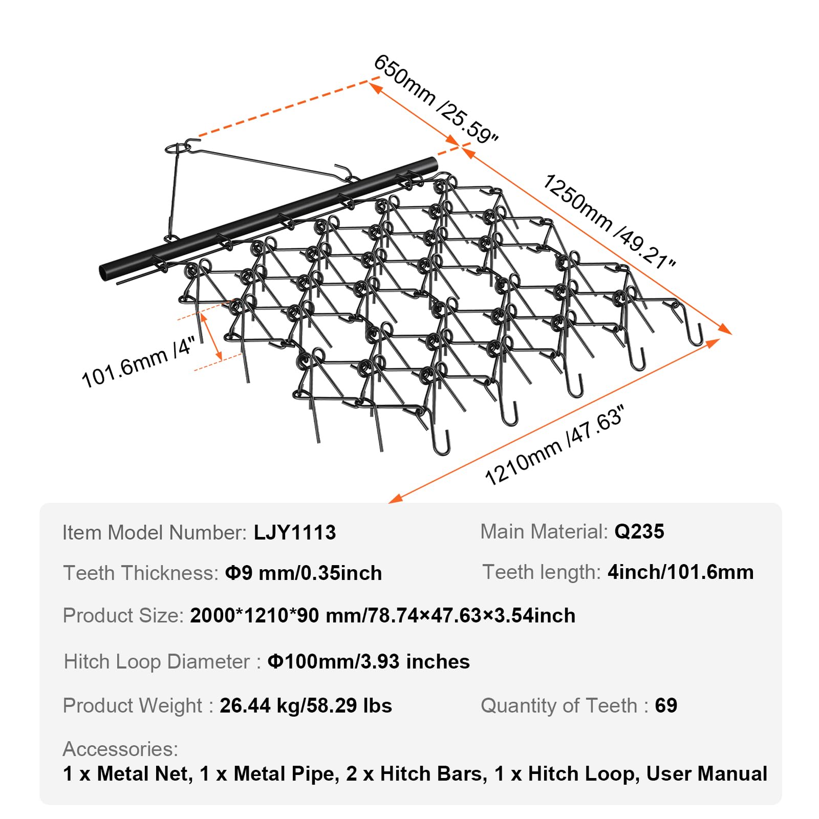 VEVOR Herse Traînée à Chaîne 2000x1210 mm Niveleur d'Allée avec 69 Dents Tapis de Traînage Nivellement de Paysage Préparation de Gazon Remorquable pour Tracteur, VTT, UTV, Allée Gravier, Ferme, Champ